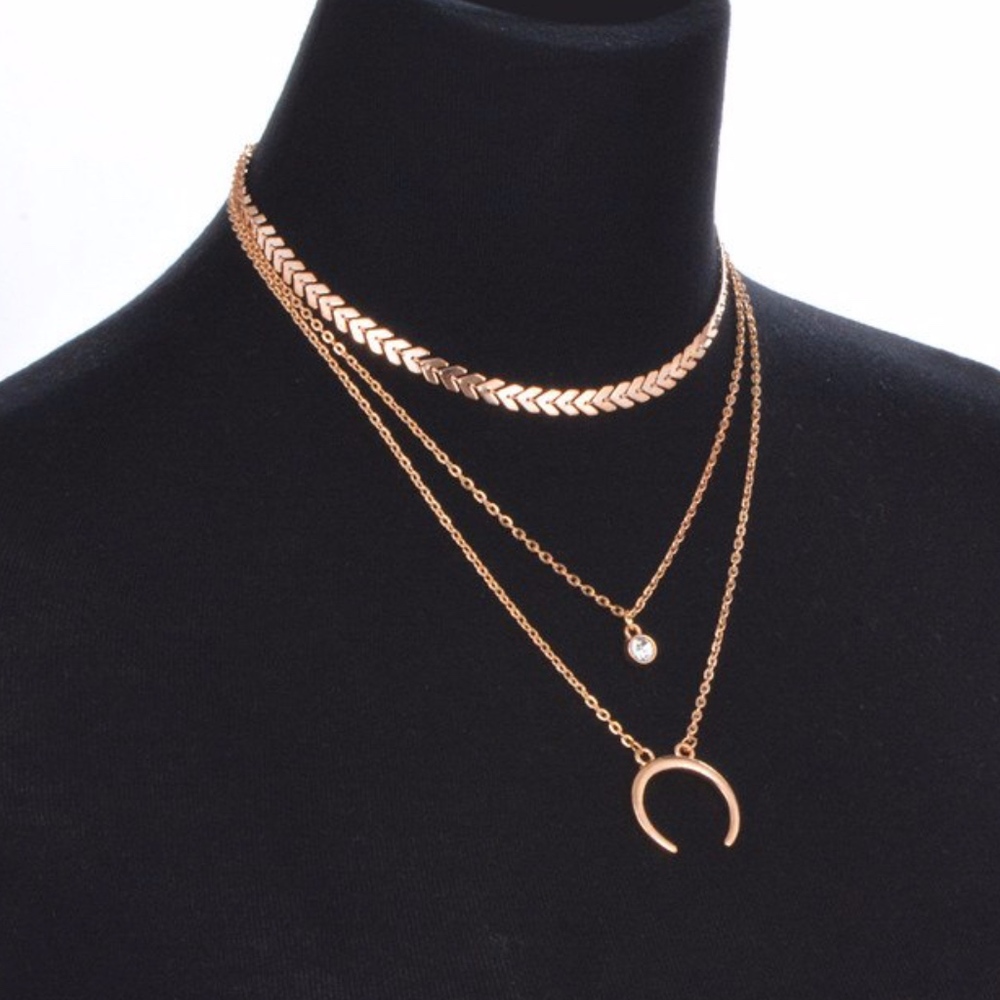 Gold Crescent Moon CZ Herringbone Choker Necklace